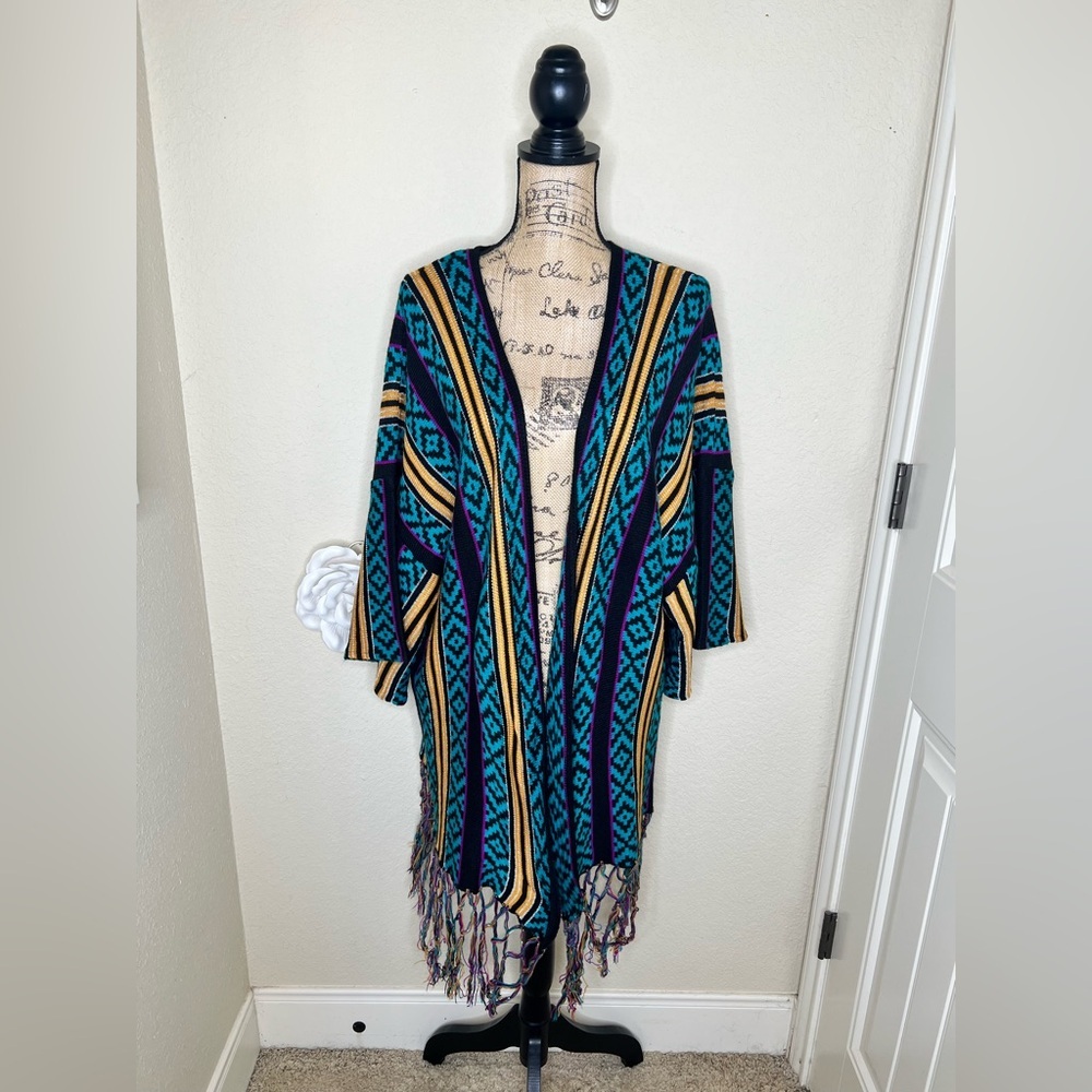 NTM: Wrangler Retro Aztec Western Kimono Cardigan Fringe Hem Boho Oversized XL